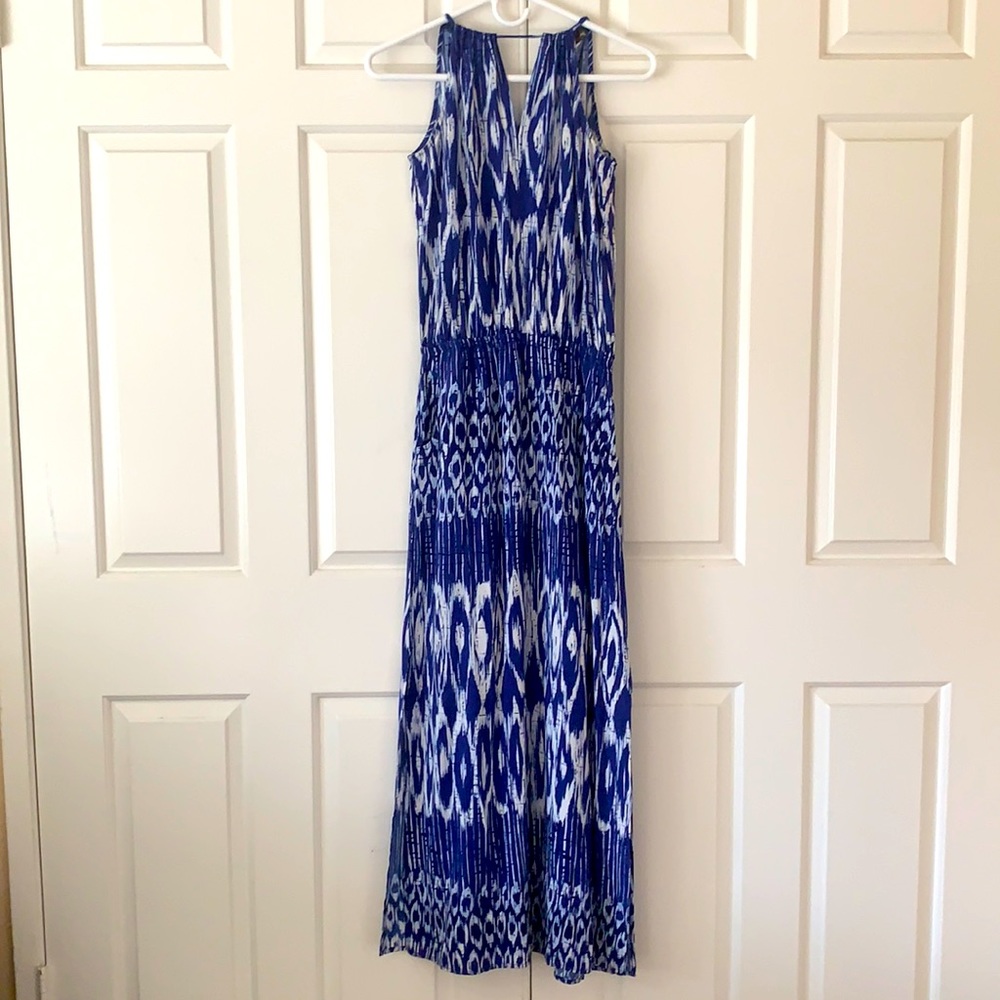 Gorgeous Blue Ikat Maxi dress w/ tassle ties/slits